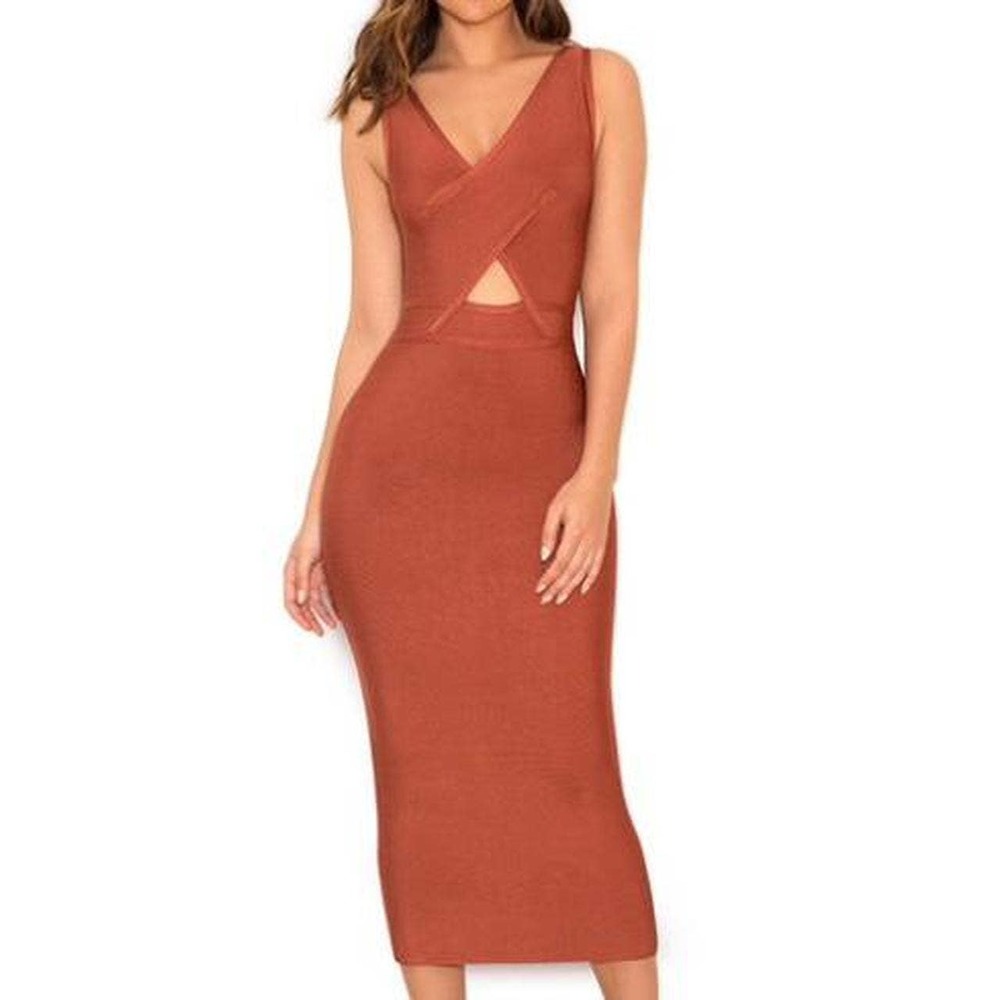 House of CB Feray Russet Crossover Cut Out Bandage Dress XS Knit Bodycon Midi